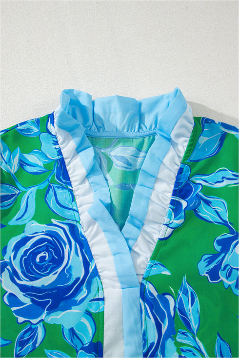 Romantic Rose Print Ruffle Trim V Neck Short Sleeve Blouse