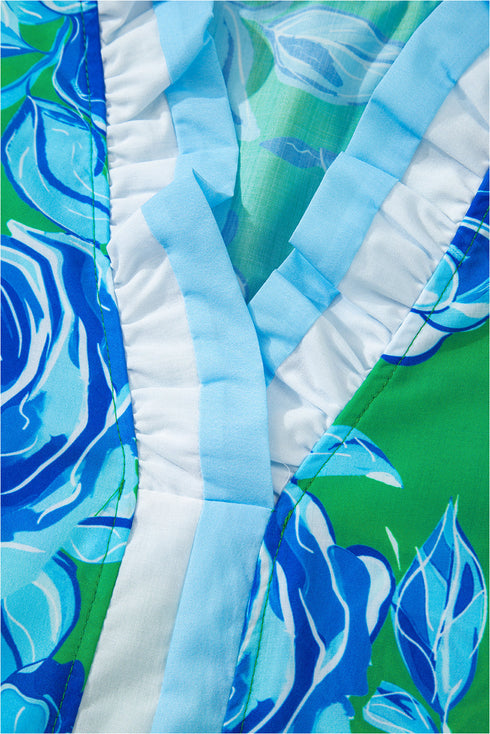 Romantic Rose Print Ruffle Trim V Neck Short Sleeve Blouse