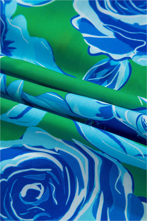 Romantic Rose Print Ruffle Trim V Neck Short Sleeve Blouse