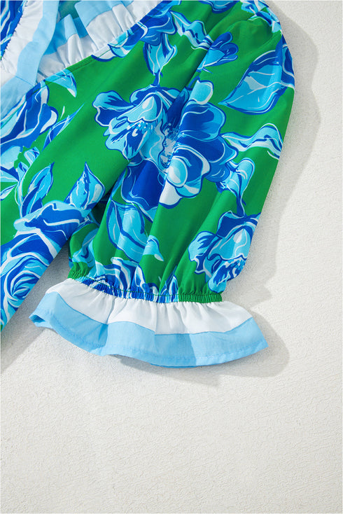 Romantic Rose Print Ruffle Trim V Neck Short Sleeve Blouse