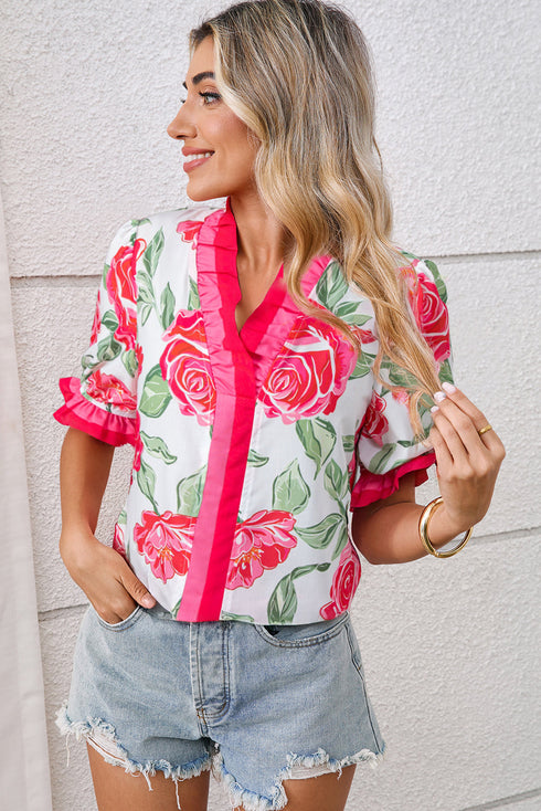 Romantic Rose Print Ruffle Trim V Neck Short Sleeve Blouse