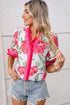 Romantic Rose Print Ruffle Trim V Neck Short Sleeve Blouse