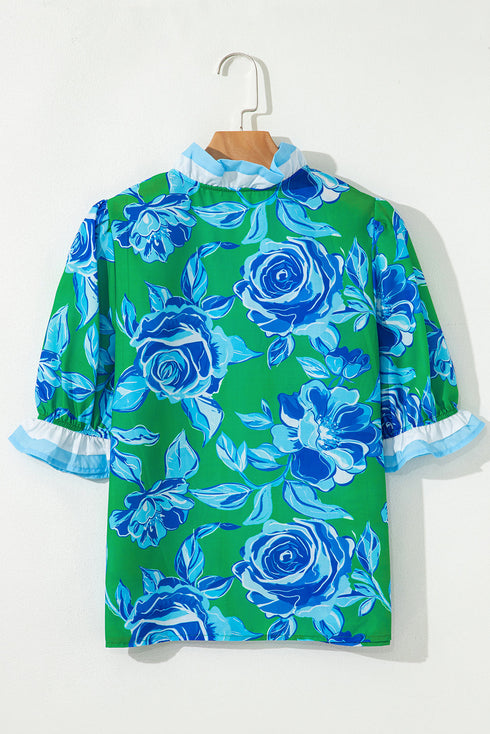 Romantic Rose Print Ruffle Trim V Neck Short Sleeve Blouse