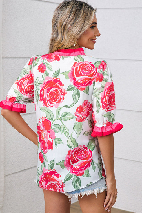 Romantic Rose Print Ruffle Trim V Neck Short Sleeve Blouse
