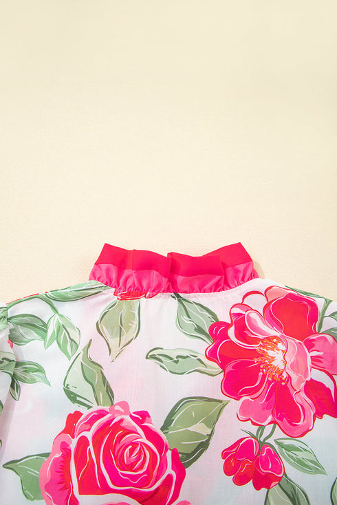 Romantic Rose Print Ruffle Trim V Neck Short Sleeve Blouse