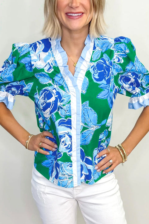 Romantic Rose Print Ruffle Trim V Neck Short Sleeve Blouse