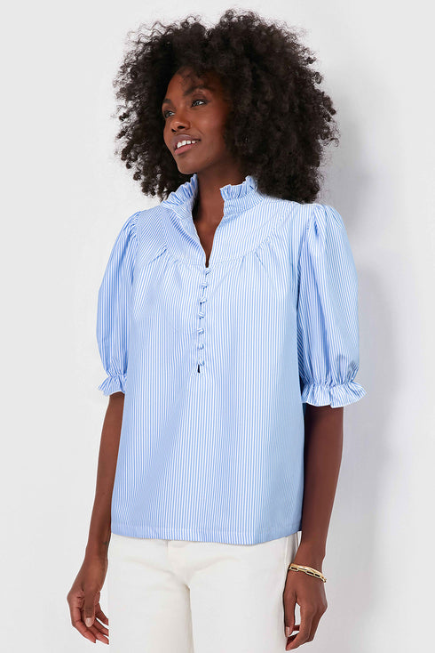 Romantic Ruffle High Neck Striped Half Button Puff Sleeve Shirt