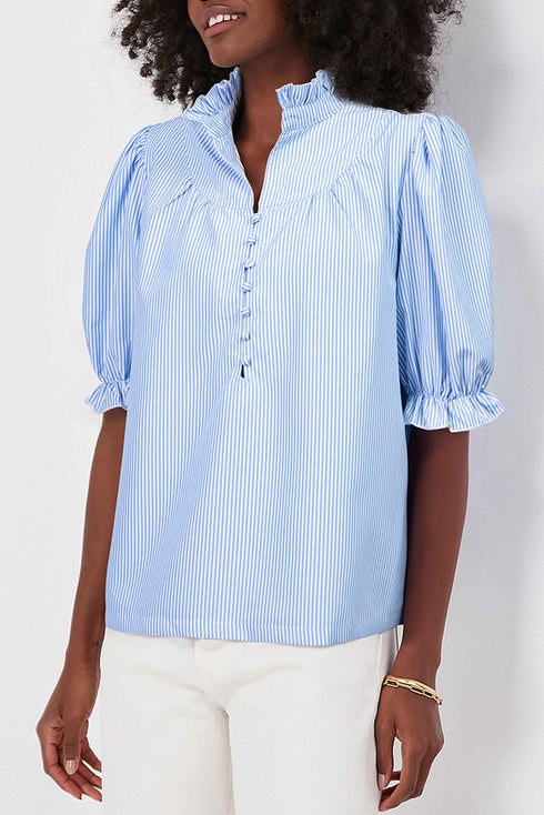 Romantic Ruffle High Neck Striped Half Button Puff Sleeve Shirt