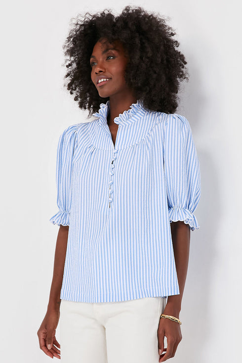 Romantic Ruffle High Neck Striped Half Button Puff Sleeve Shirt