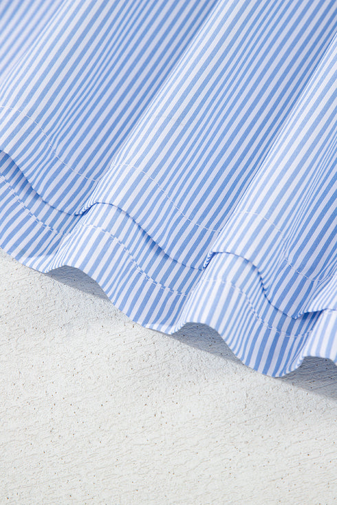 Romantic Ruffle High Neck Striped Half Button Puff Sleeve Shirt