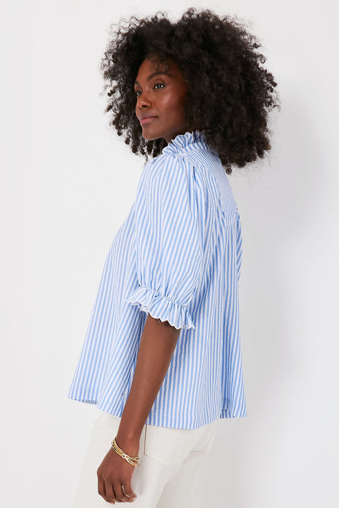 Romantic Ruffle High Neck Striped Half Button Puff Sleeve Shirt