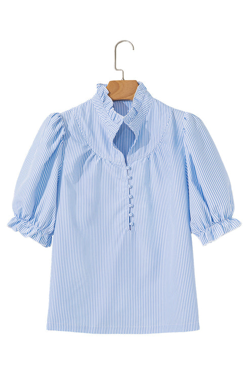 Romantic Ruffle High Neck Striped Half Button Puff Sleeve Shirt