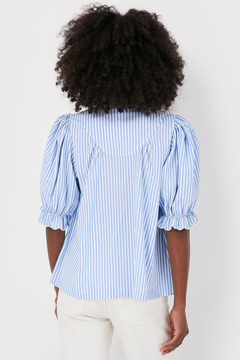 Romantic Ruffle High Neck Striped Half Button Puff Sleeve Shirt