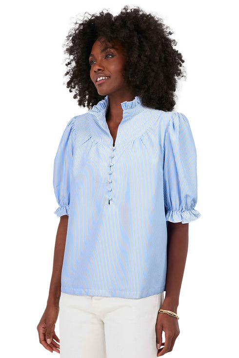 Romantic Ruffle High Neck Striped Half Button Puff Sleeve Shirt