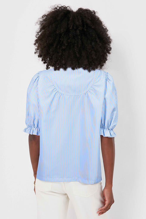 Romantic Ruffle High Neck Striped Half Button Puff Sleeve Shirt