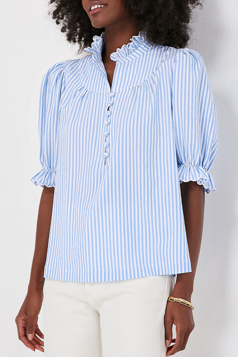 Romantic Ruffle High Neck Striped Half Button Puff Sleeve Shirt