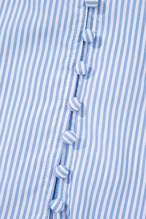 Romantic Ruffle High Neck Striped Half Button Puff Sleeve Shirt