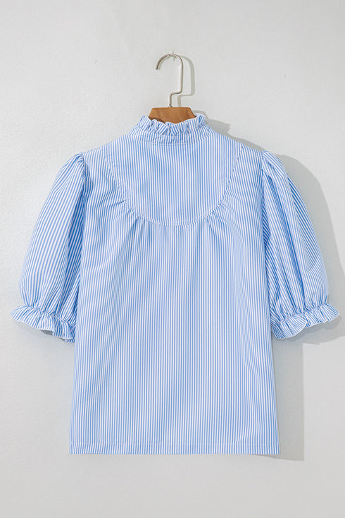 Romantic Ruffle High Neck Striped Half Button Puff Sleeve Shirt