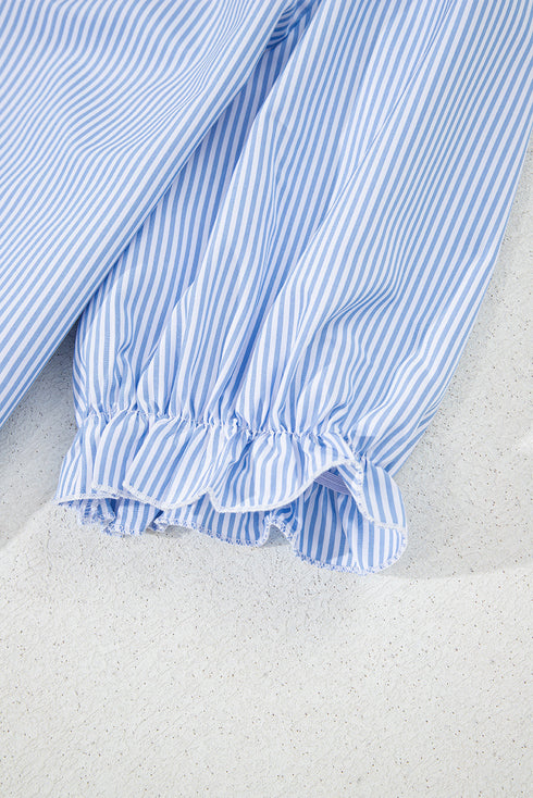Romantic Ruffle High Neck Striped Half Button Puff Sleeve Shirt