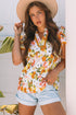 Romantic Scalloped V Neck Ruffled Sleeve Floral Blouse