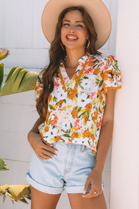Romantic Scalloped V Neck Ruffled Sleeve Floral Blouse