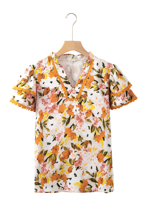 Romantic Scalloped V Neck Ruffled Sleeve Floral Blouse