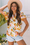 Romantic Scalloped V Neck Ruffled Sleeve Floral Blouse