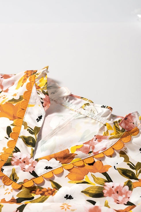 Romantic Scalloped V Neck Ruffled Sleeve Floral Blouse