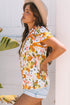 Romantic Scalloped V Neck Ruffled Sleeve Floral Blouse