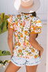 Romantic Scalloped V Neck Ruffled Sleeve Floral Blouse