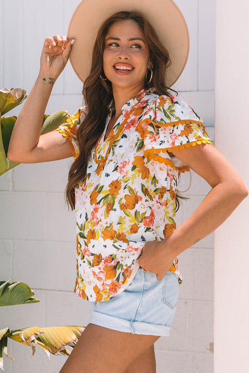 Romantic Scalloped V Neck Ruffled Sleeve Floral Blouse