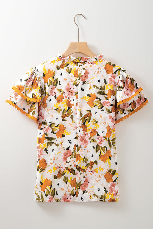 Romantic Scalloped V Neck Ruffled Sleeve Floral Blouse
