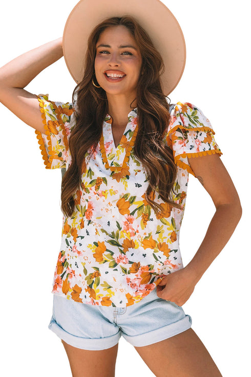 Romantic Scalloped V Neck Ruffled Sleeve Floral Blouse