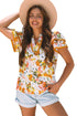 Romantic Scalloped V Neck Ruffled Sleeve Floral Blouse