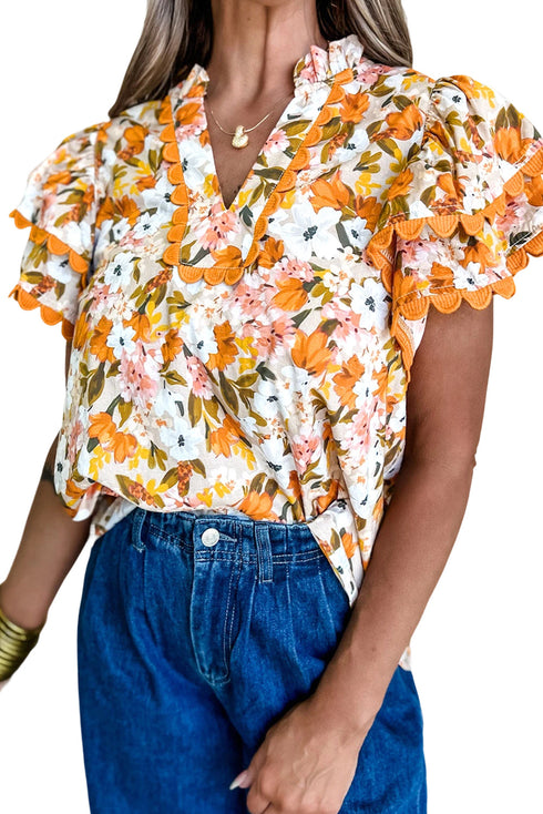 Romantic Scalloped V Neck Ruffled Sleeve Floral Blouse