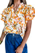 Romantic Scalloped V Neck Ruffled Sleeve Floral Blouse