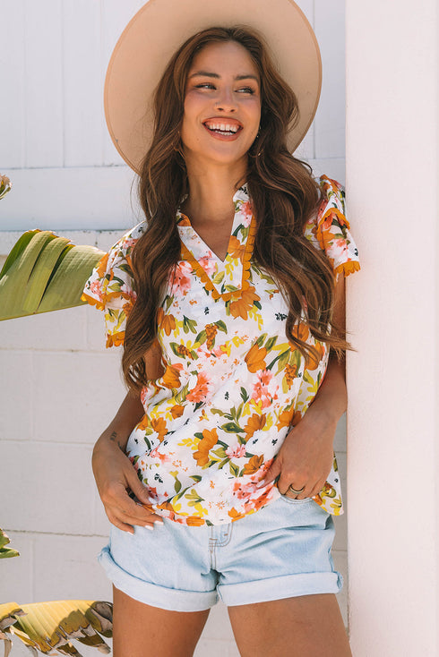 Romantic Scalloped V Neck Ruffled Sleeve Floral Blouse