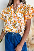 Romantic Scalloped V Neck Ruffled Sleeve Floral Blouse