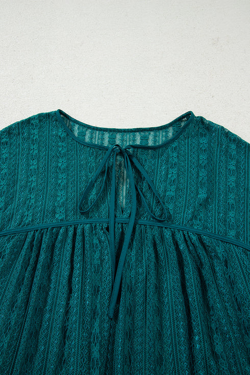 Romantic Sheer Lace Balloon Sleeve V Neck Babydoll Blouse