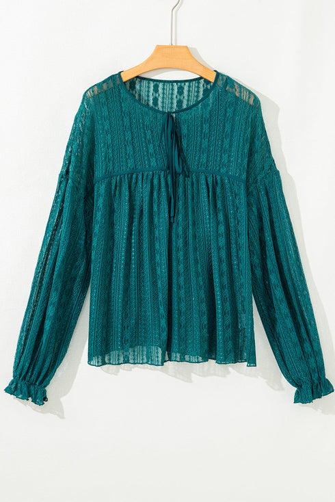 Romantic Sheer Lace Balloon Sleeve V Neck Babydoll Blouse