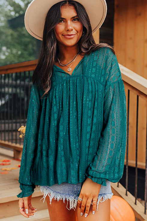 Romantic Sheer Lace Balloon Sleeve V Neck Babydoll Blouse
