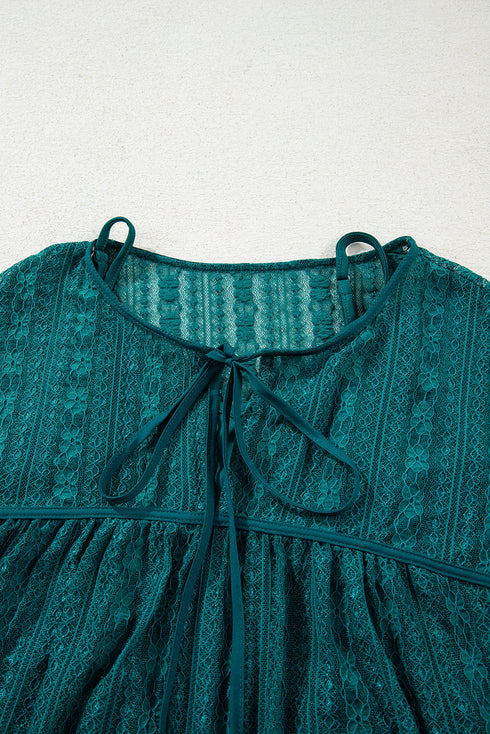 Romantic Sheer Lace Balloon Sleeve V Neck Babydoll Blouse