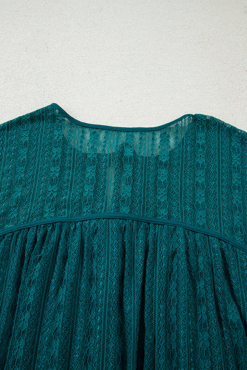 Romantic Sheer Lace Balloon Sleeve V Neck Babydoll Blouse