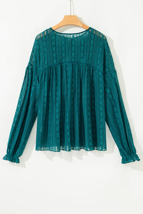 Romantic Sheer Lace Balloon Sleeve V Neck Babydoll Blouse