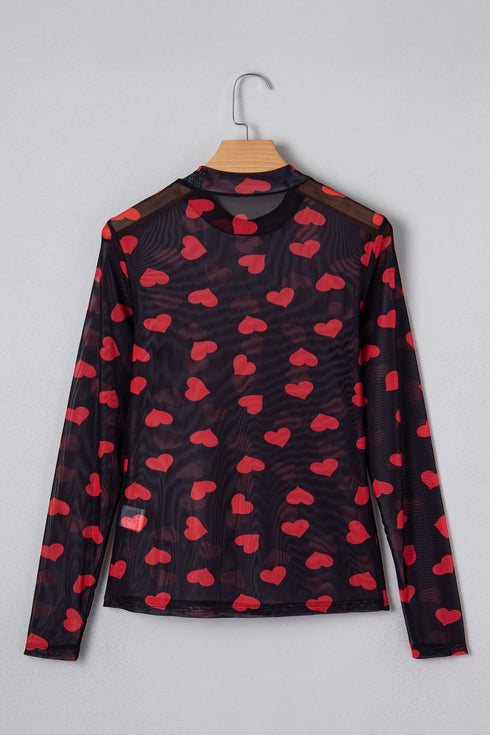 Romantic Sheer Mesh Heart Print Long Sleeve Top