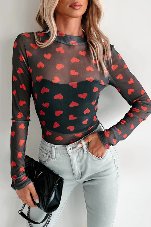 Romantic Sheer Mesh Heart Print Long Sleeve Top
