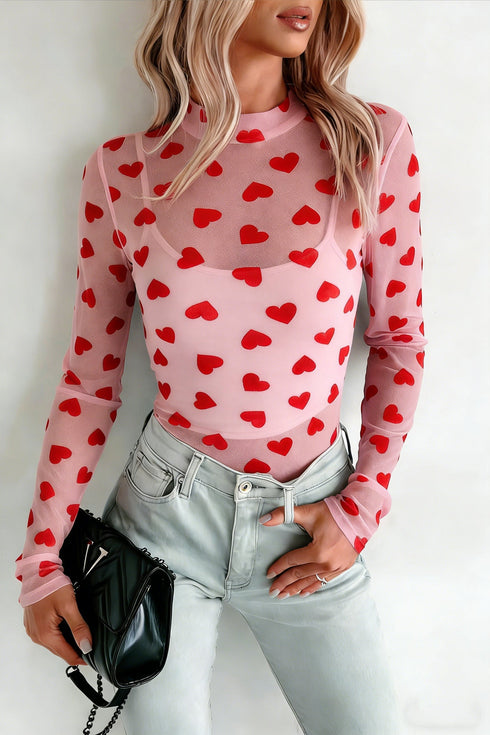 Romantic Sheer Mesh Heart Print Long Sleeve Top