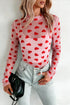 Romantic Sheer Mesh Heart Print Long Sleeve Top