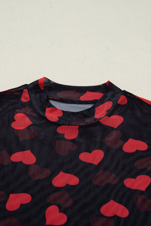 Romantic Sheer Mesh Heart Print Long Sleeve Top