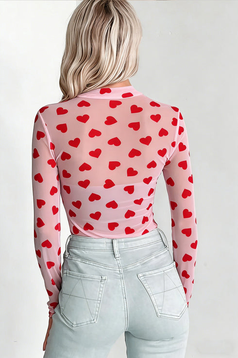 Romantic Sheer Mesh Heart Print Long Sleeve Top